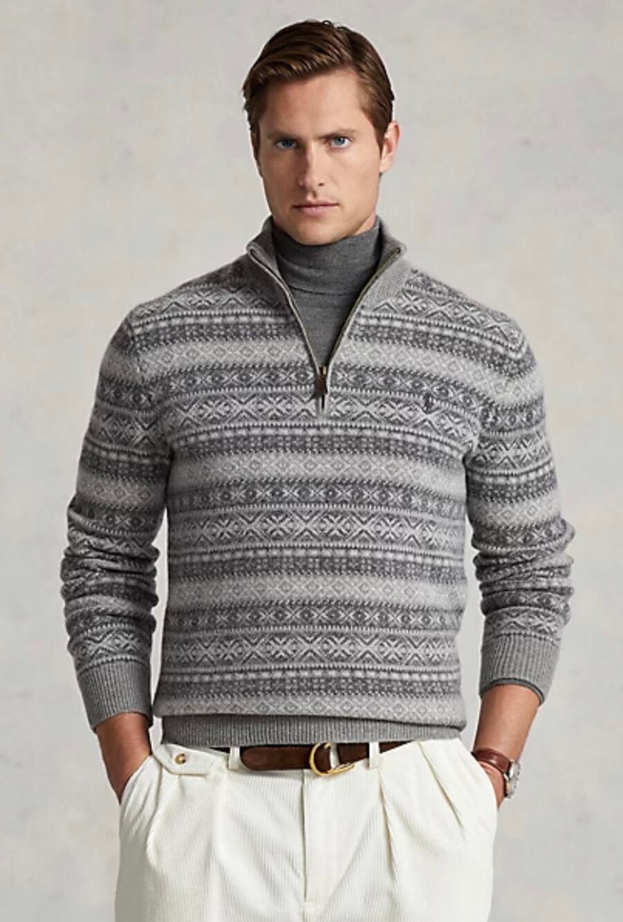 Polo Ralph Lauren Fair Isle Wool Cashmere Sweater Grey Quarter-zip Men's Sz XL